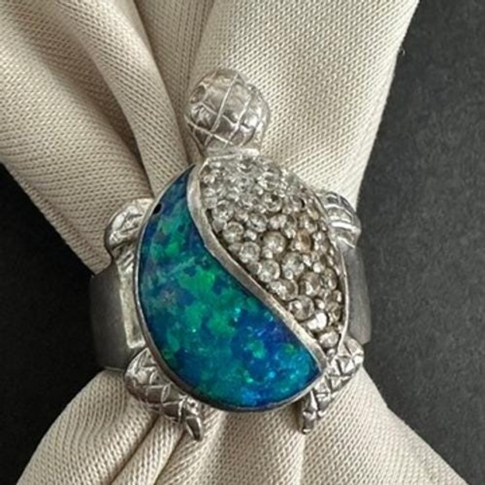 Sterling Silver 925 Turtle Ring Blue Green Opal Cubic Zirconia Sea Life Size 6.2